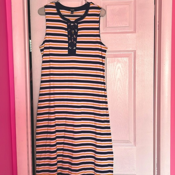 Chaps Blue Yellow and White Striped Sleeveless Lace Up Front Maxi dress Size L - Picture 2 of 9